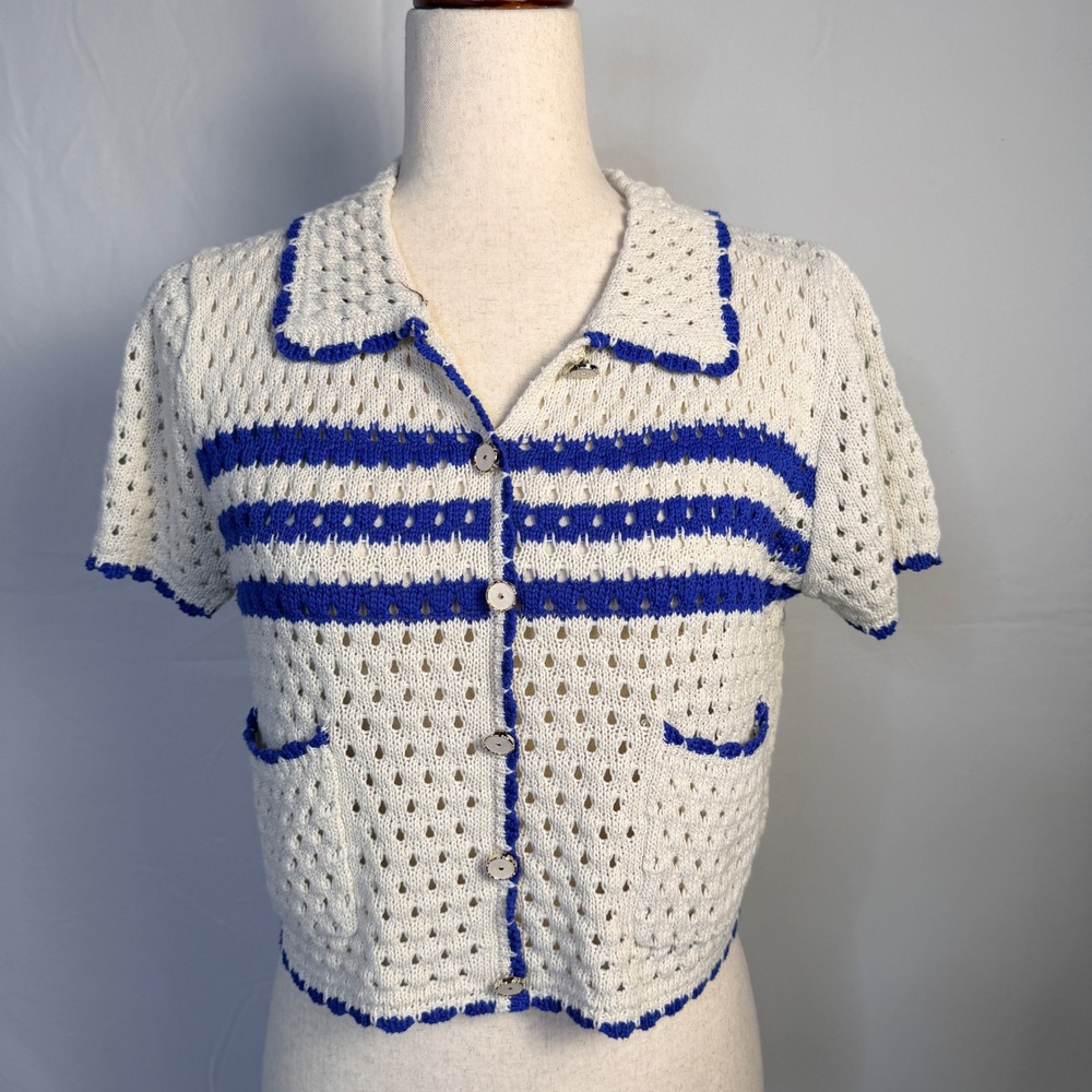 Peach Retro Crochet Crop Top Blue White Striped Pointelle, knit sweater